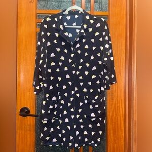 Vintage 100% Silk Black blouse Heart print oversized button down shirt pockets